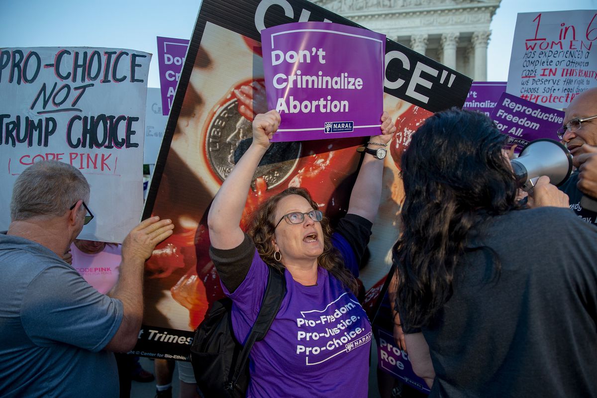 Abortion rights protesters demonstrate outside the Supreme Court on July 9, 2018, the day President Donald Trump nominated Brett Kavanaugh to the Supreme Court.