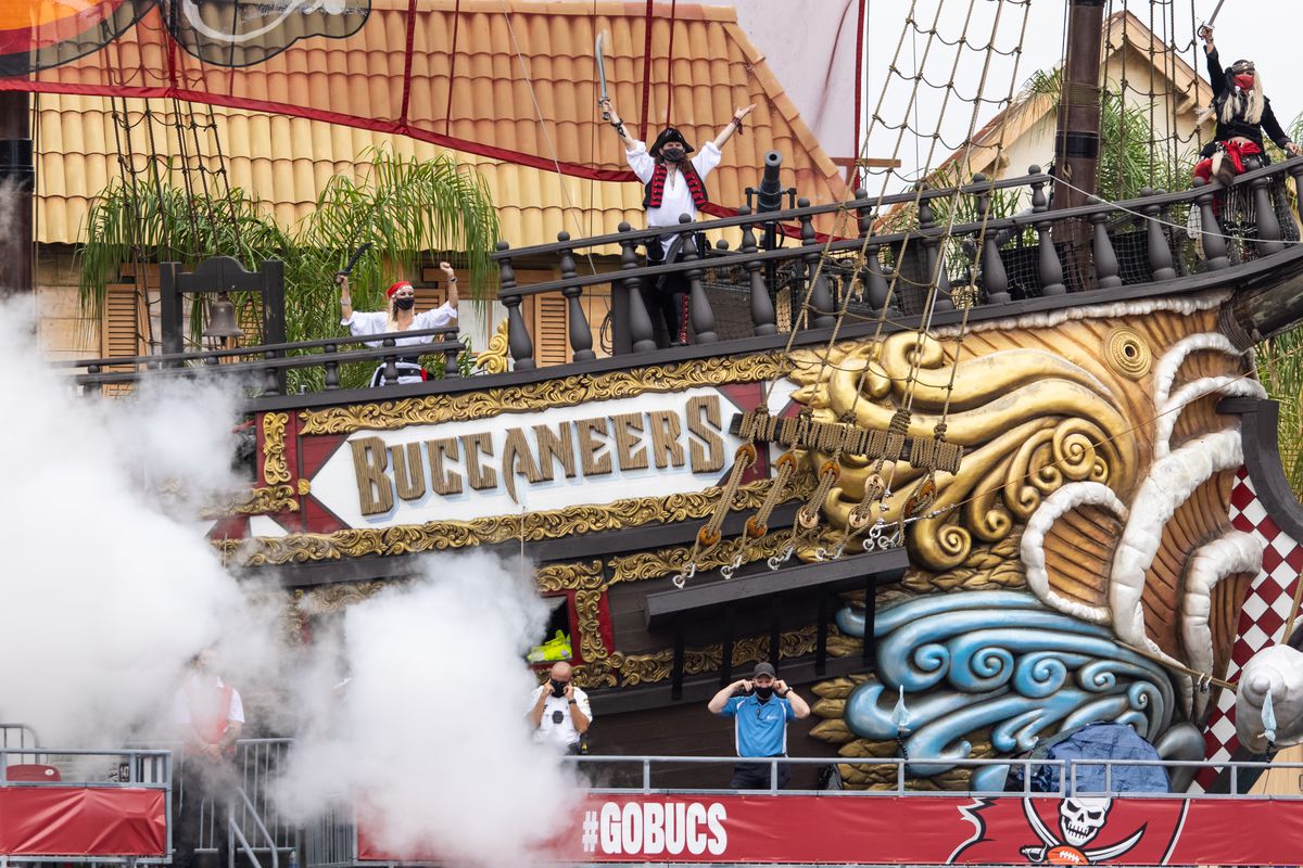 The pirate ship at Raymond James Stadium fires its canons after a touchdown during the first quarter of a game between the Tampa Bay Buccaneers and the Los Angeles Chargers at Raymond James Stadium on October 04, 2020 in Tampa, Florida.