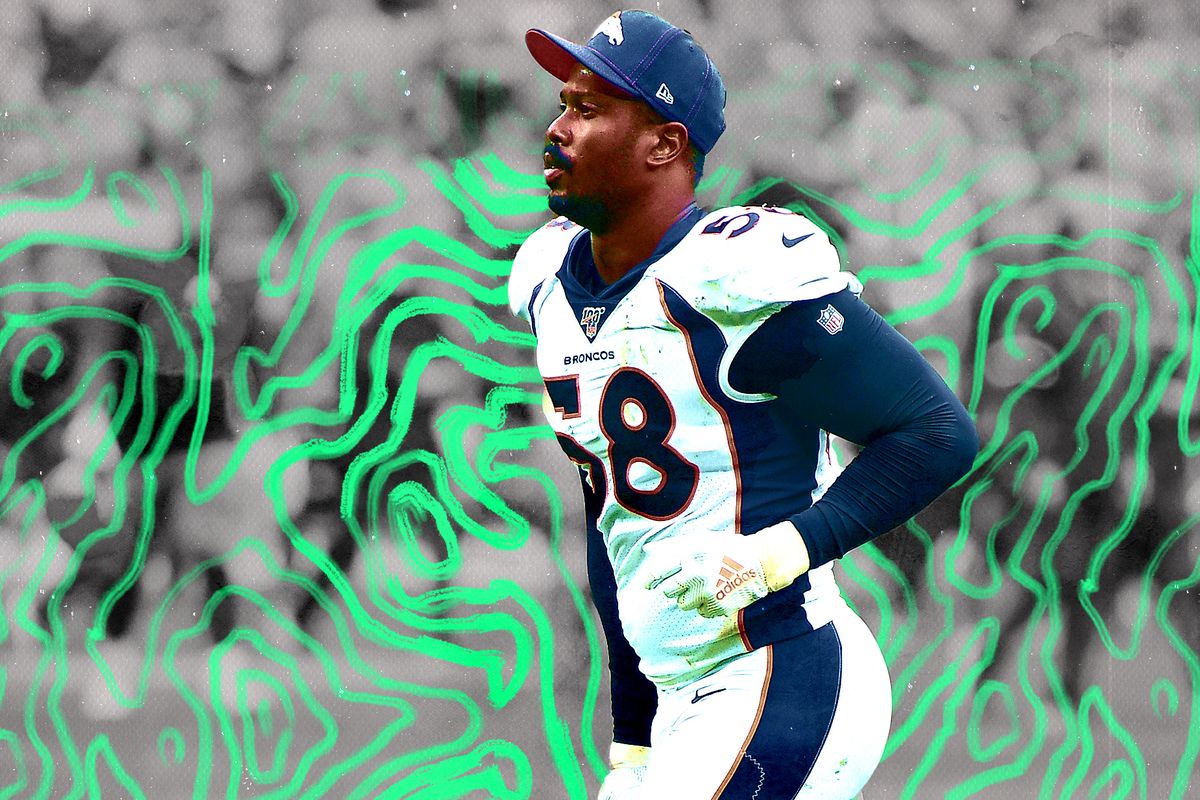Broncos pass rusher Von Miller running off the field superimposed on a black-and-white background with green spirals.