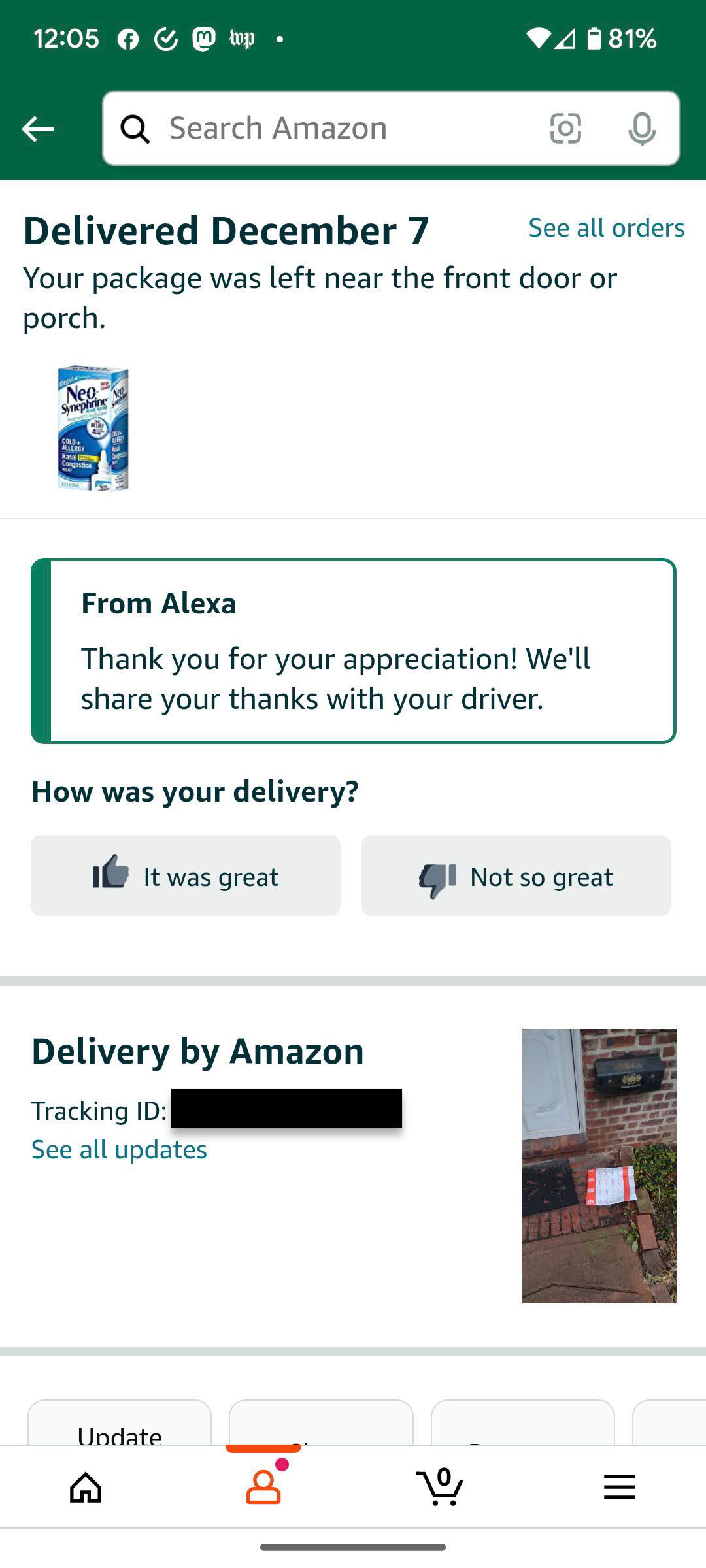 Bir ürünün teslim edildiğini gösteren Amazon sayfası ve “Alexa'dan: Beğendiğiniz için teşekkür ederiz! Teşekkürlerinizi şoförle paylaşacağız.”