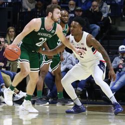 The Manhattan Jaspers take on the UConn Huskies in a men’s college basketball game at Gampel Pavilion in Storrs, CT on December 15, 2018
