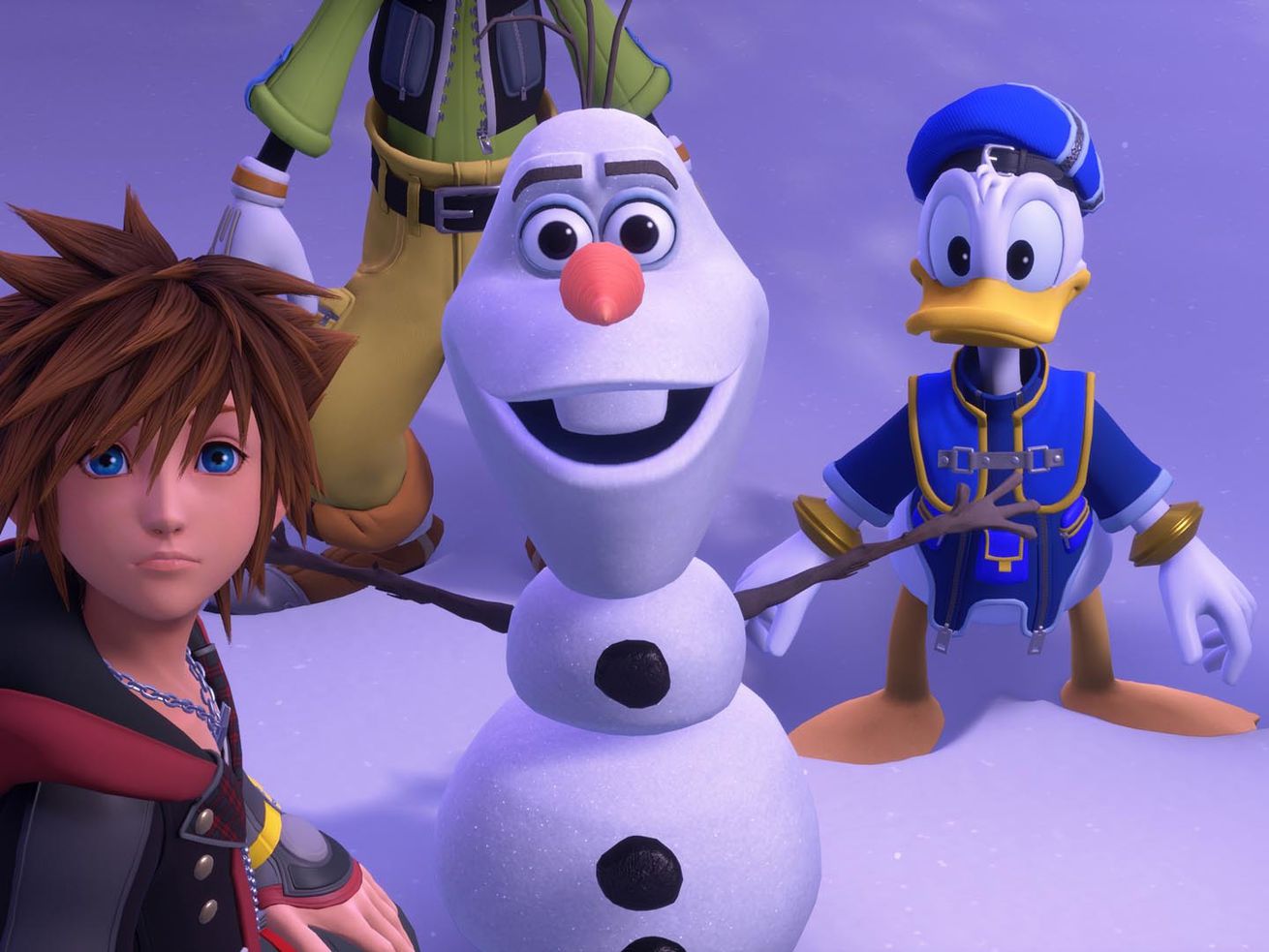 Sora, Donald and Goofy meet Olaf from Frozen in “Kingdom Hearts III.”