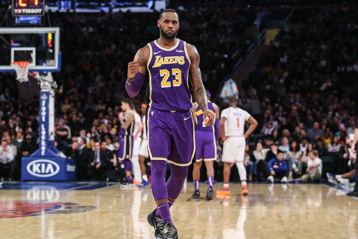 Los Angeles Lakers forward LeBron James pumps his fist after a play at Madison Square Garden.