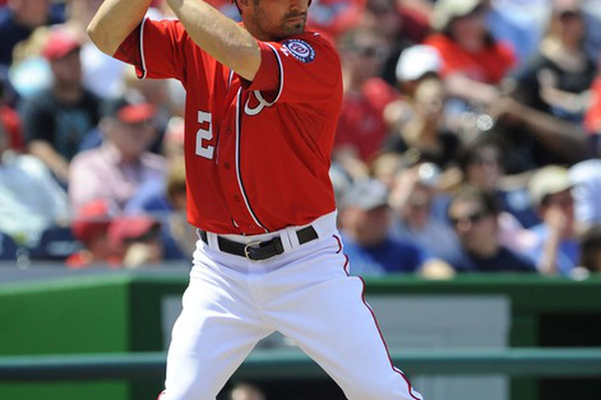 Apr 21, 2012; Washington, DC, USA; Washington Nationals outfielder Xavier Nady (21) bats during the games against the Miami Marlins at Nationals Park. The Nationals won 3 - 2. in 10 innings. Mandatory Credit: Brad Mills-US PRESSWIRE