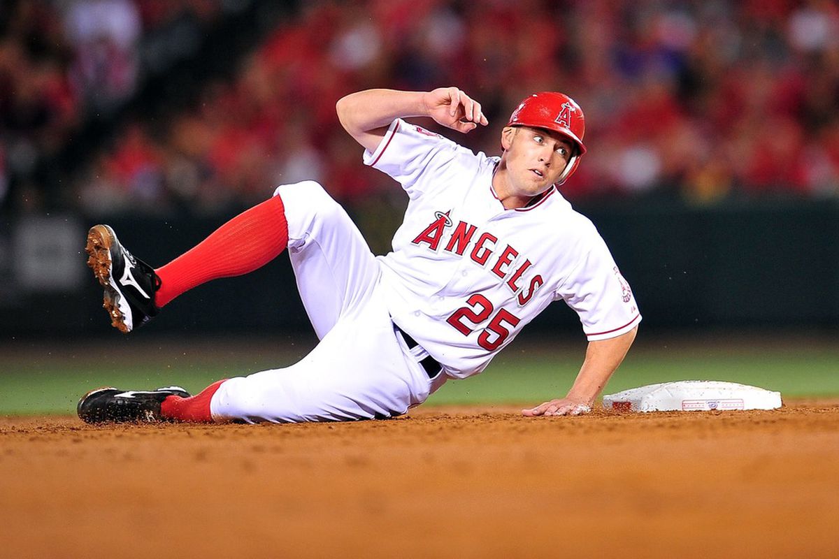 April 6, 2012; Anaheim, CA, USA; Los Angeles Angels center fielder Peter Bourjos (25) is caught stealing second base in the third inning against the Kansas City Royals at Angel Stadium. Mandatory Credit: Gary A. Vasquez-US PRESSWIRE