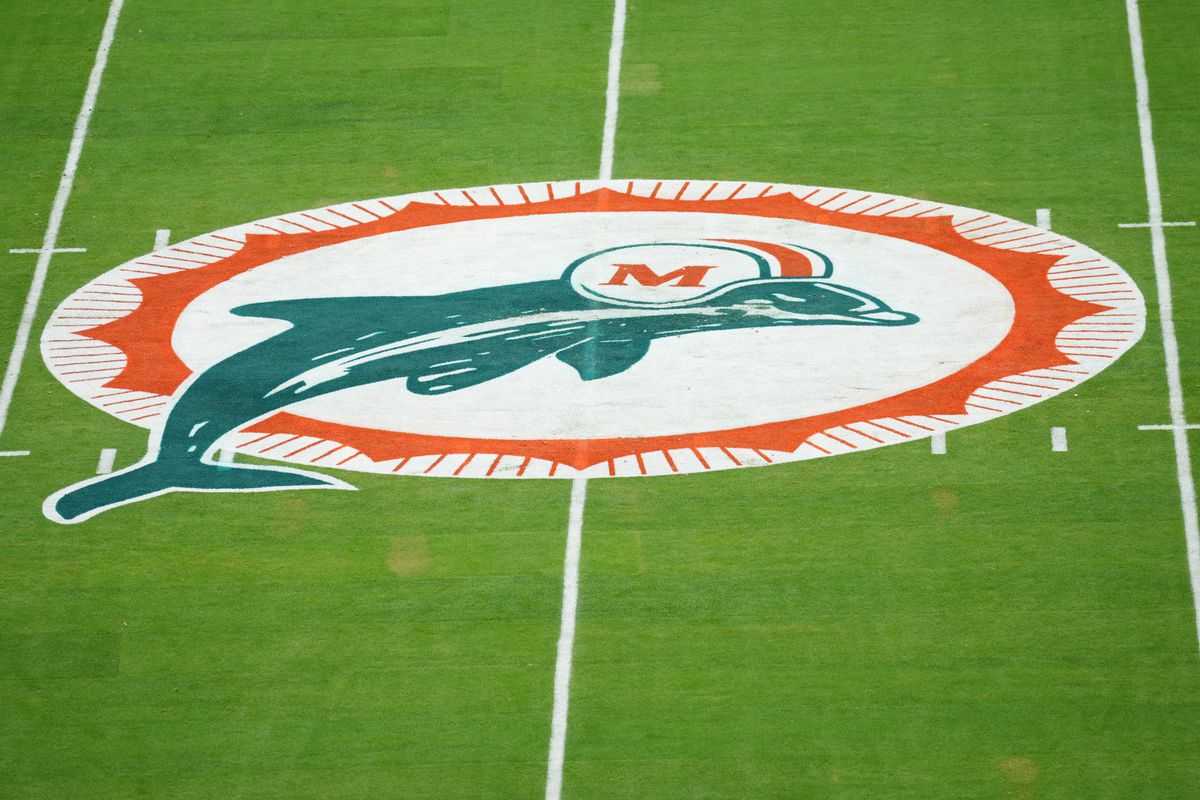 &nbsp;A general view of the Miami Dolphins logo prior to the game between the Miami Dolphins and the New England Patriots at Hard Rock Stadium on January 09, 2022 in Miami Gardens, Florida.