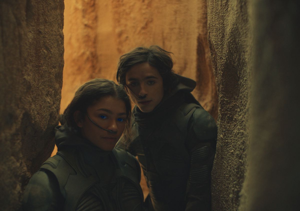 Timothee Chalamet and Zendaya standing in a rock channel in Dune (2021)