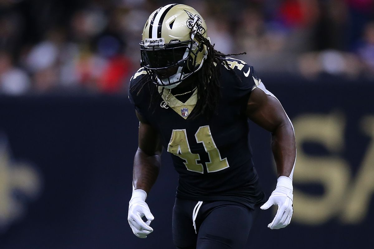 Alvin Kamara #41 of the New Orleans Saints in action against the New York Giants during a game at the Caesars Superdome on October 03, 2021 in New Orleans, Louisiana.