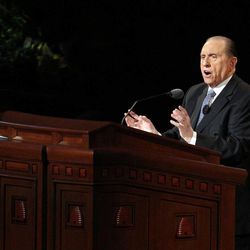 President Thomas S. Monson speaks at the morning session of the 183rd Annual General Conference of The Church of Jesus Christ of Latter-day Saints in the Conference Center in Salt Lake City on Sunday, April 7, 2013.