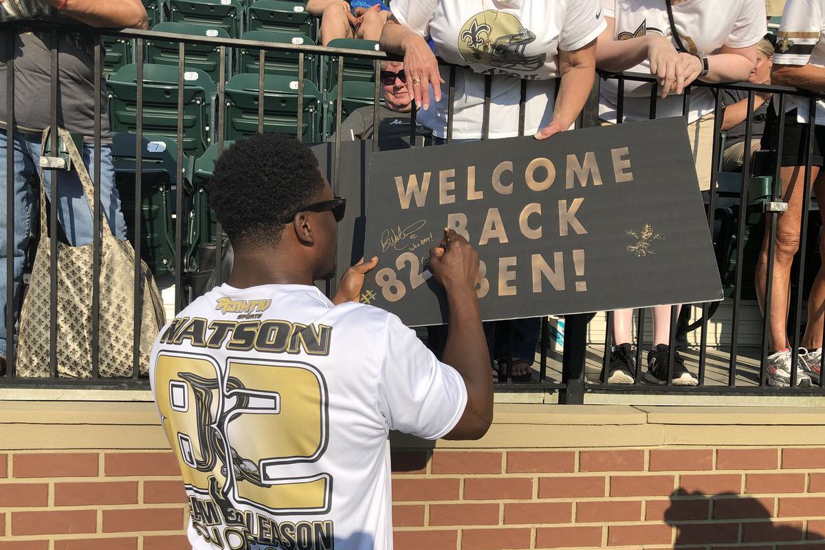 METAIRIE, LA - New Orleans Saints tight end Benjamin Watson (82) signs autographs for fans after the 2018 Black and Gold Softball Classic. Watson and linebacker A.J. Klein (not pictured) sponsored this year’s game, which has previously been managed by De