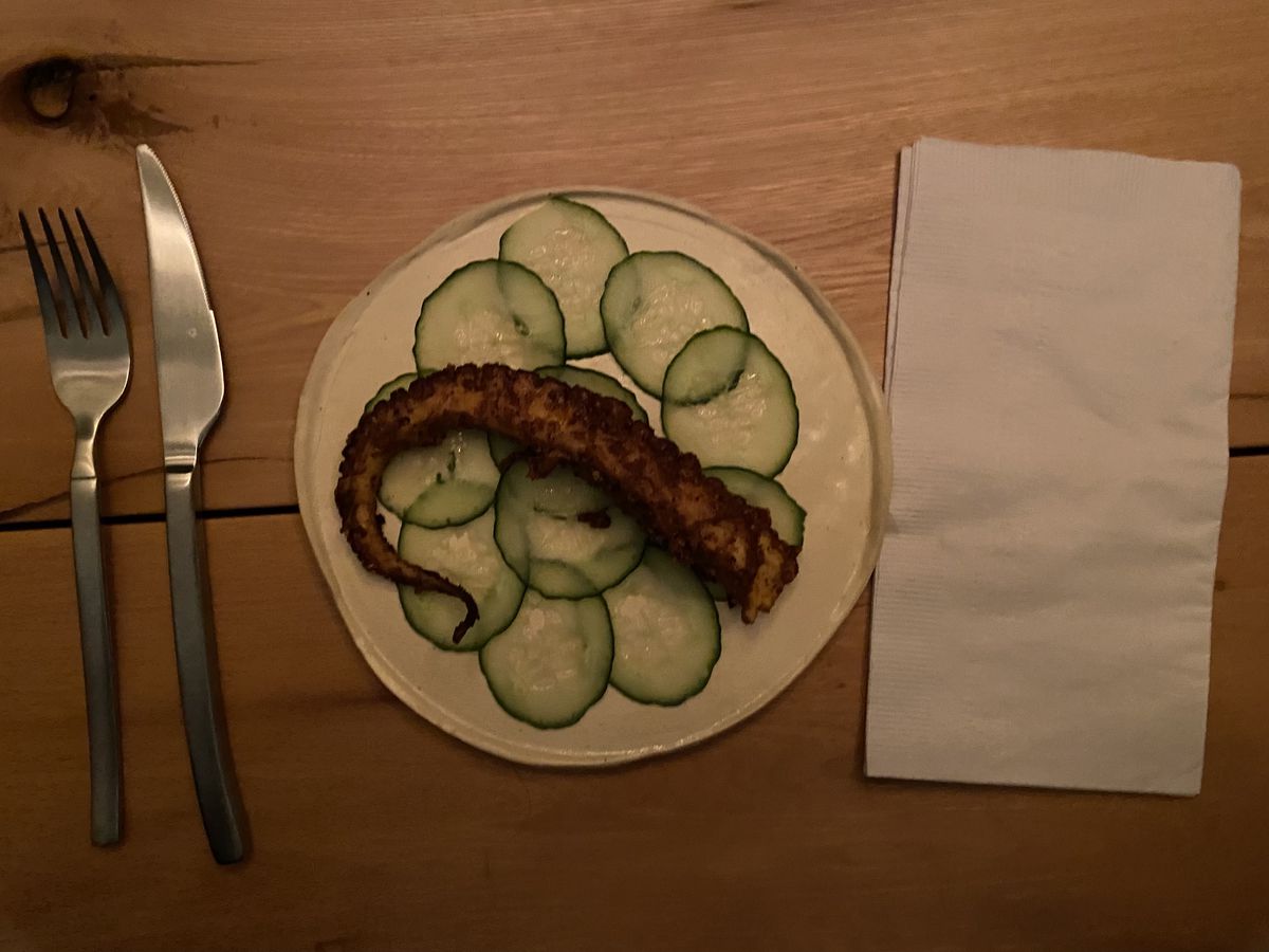 An overhead photograph of an octopus tentacle over thin slices of cucumber.