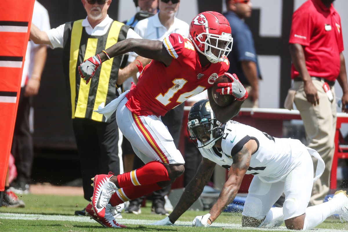 Wide receiver Sammy Watkins of the Kansas City Chiefs carries the ball during a NFL game against the Jacksonville Jaguars at TIAA Bank Field on September 10, 2019 in Jacksonville, Florida.