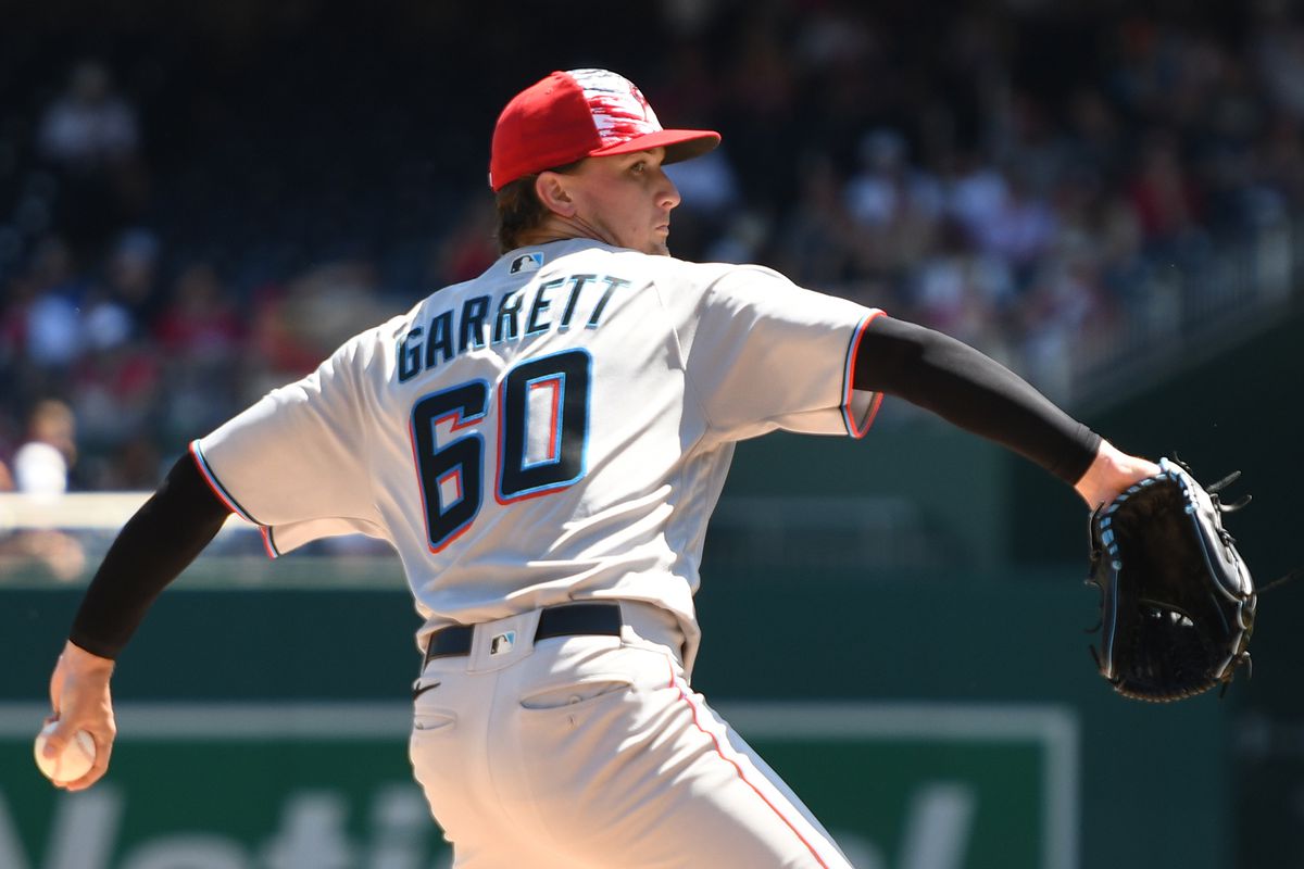 Braxton Garrett #60 of the Miami Marlins pitches in the second inning during a baseball game against Washington Nationals at Nationals Park on July 4, 2022 in Washington, DC.