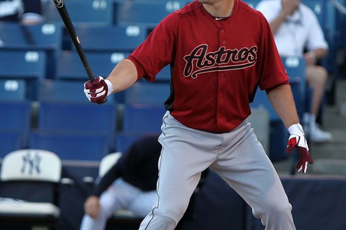 March 12, 2012; Tampa, FL, USA; Houston Astros right fielder Brian Bogusevic (19) at bat in the first inning against the New York Yankees at George M. Steinbrenner Field. Mandatory Credit: Kim Klement-US PRESSWIRE