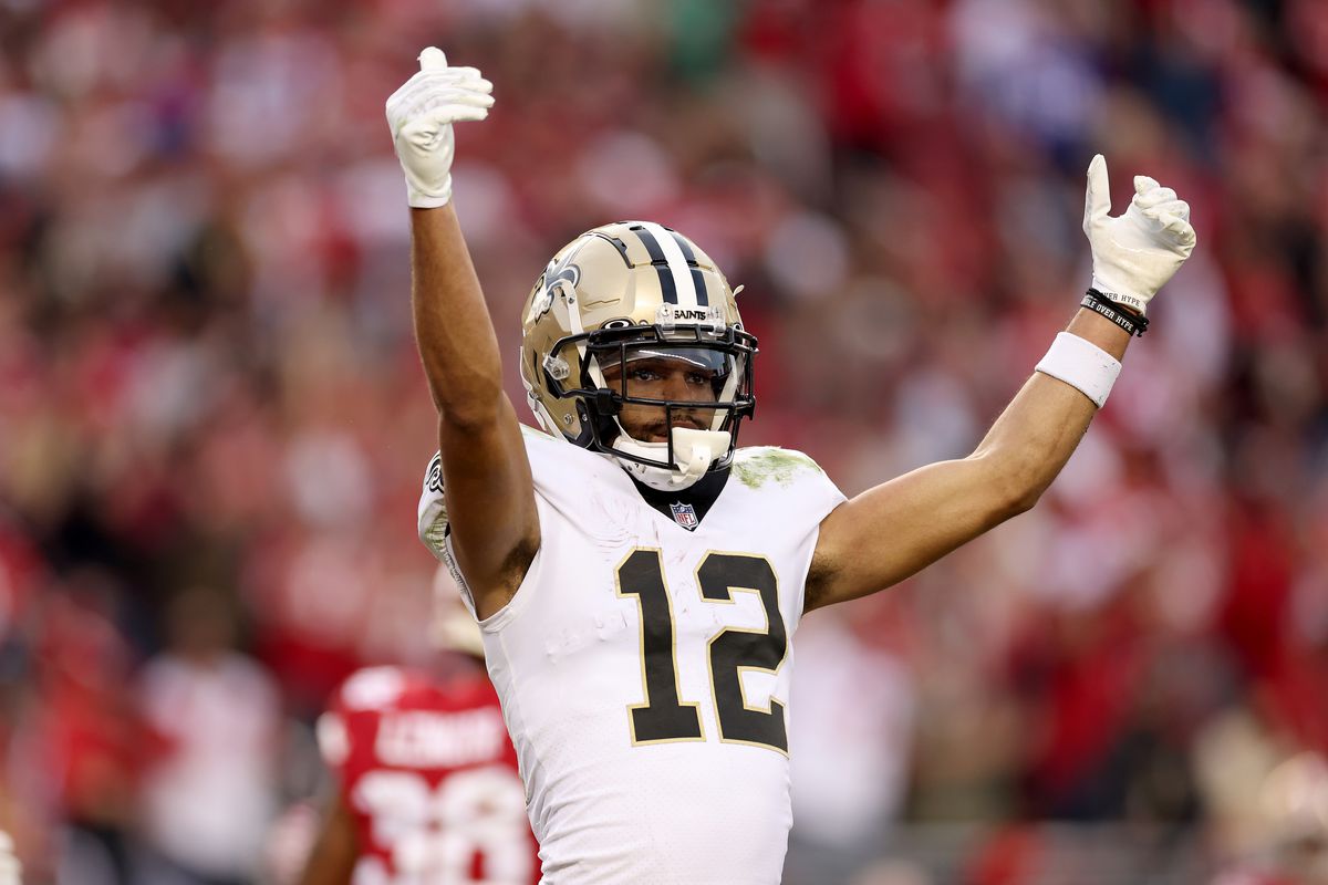 Chris Olave #12 of the New Orleans Saints reacts during their game against the San Francisco 49ers at Levi’s Stadium on November 27, 2022 in Santa Clara, California.