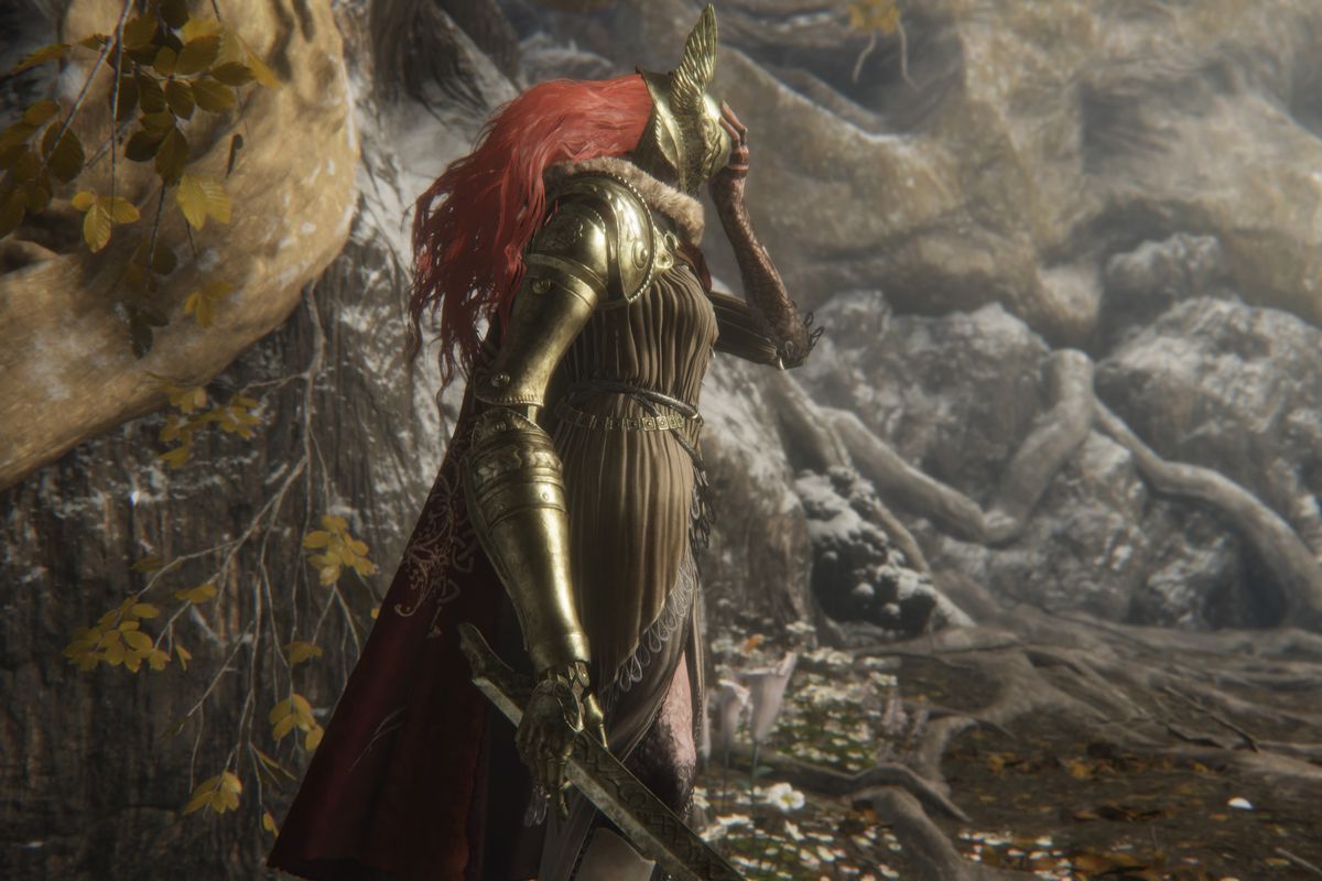 Malenia dons her helmet in a screenshot from Elden Ring