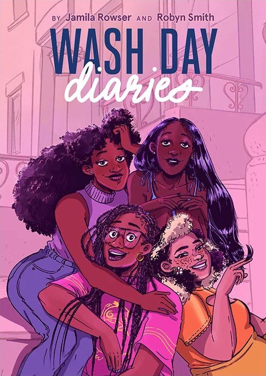 Four Black women with different hairstyles lounge together as friends on the cover of Wash Day Diaries (2022).