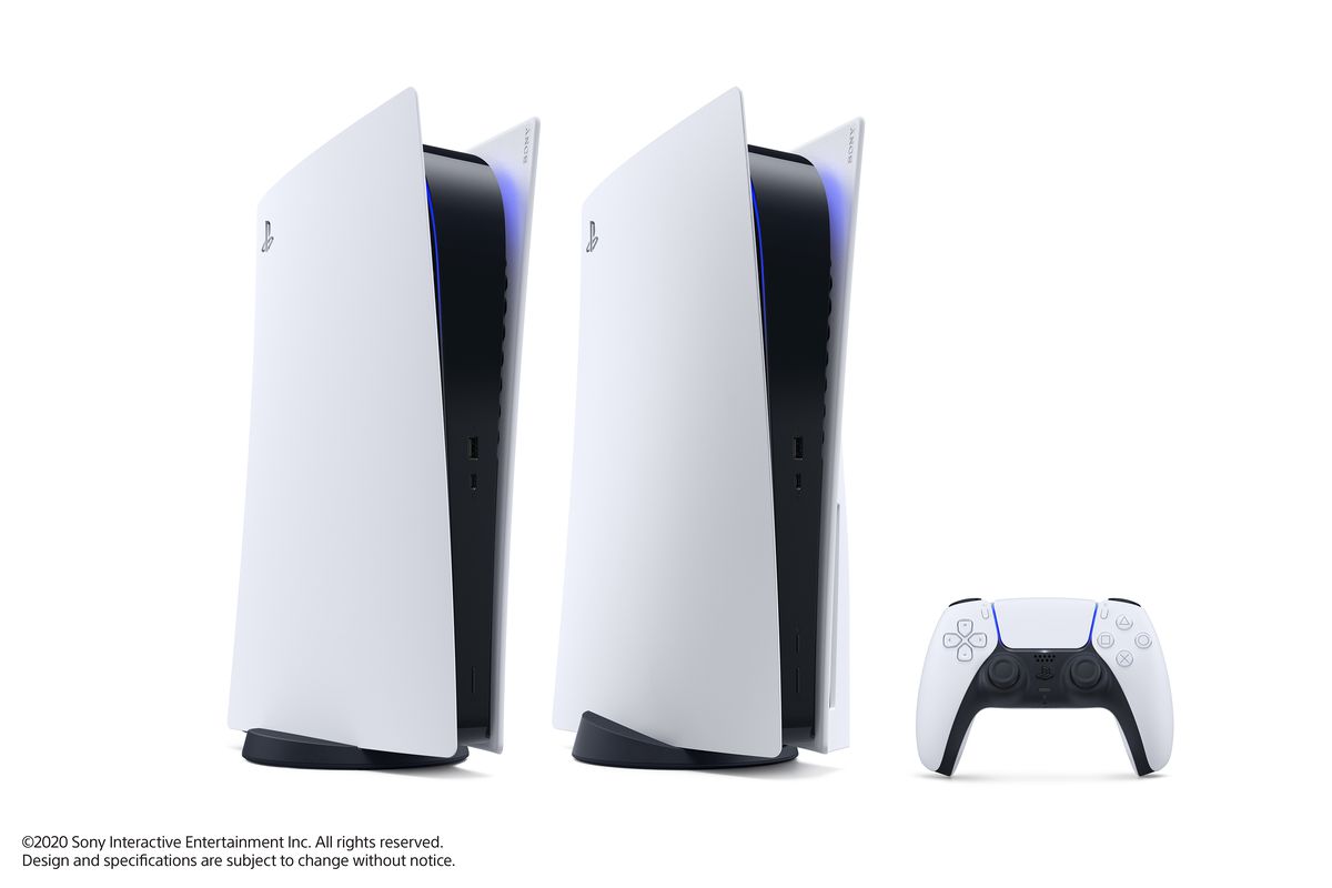 the PlayStation 5 Digital Edition standing to the left of the PlayStation 5, which has the DualSense controller standing to the right