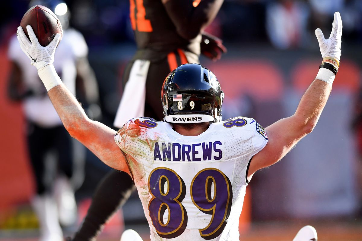 Tight end Mark Andrews #89 of the Baltimore Ravens celebrates after catching a 14-yard touchdown pass in the second quarter of a game against the Cleveland Browns on December 22, 2019 at FirstEnergy Stadium in Cleveland, Ohio. Baltimore won 31-15.