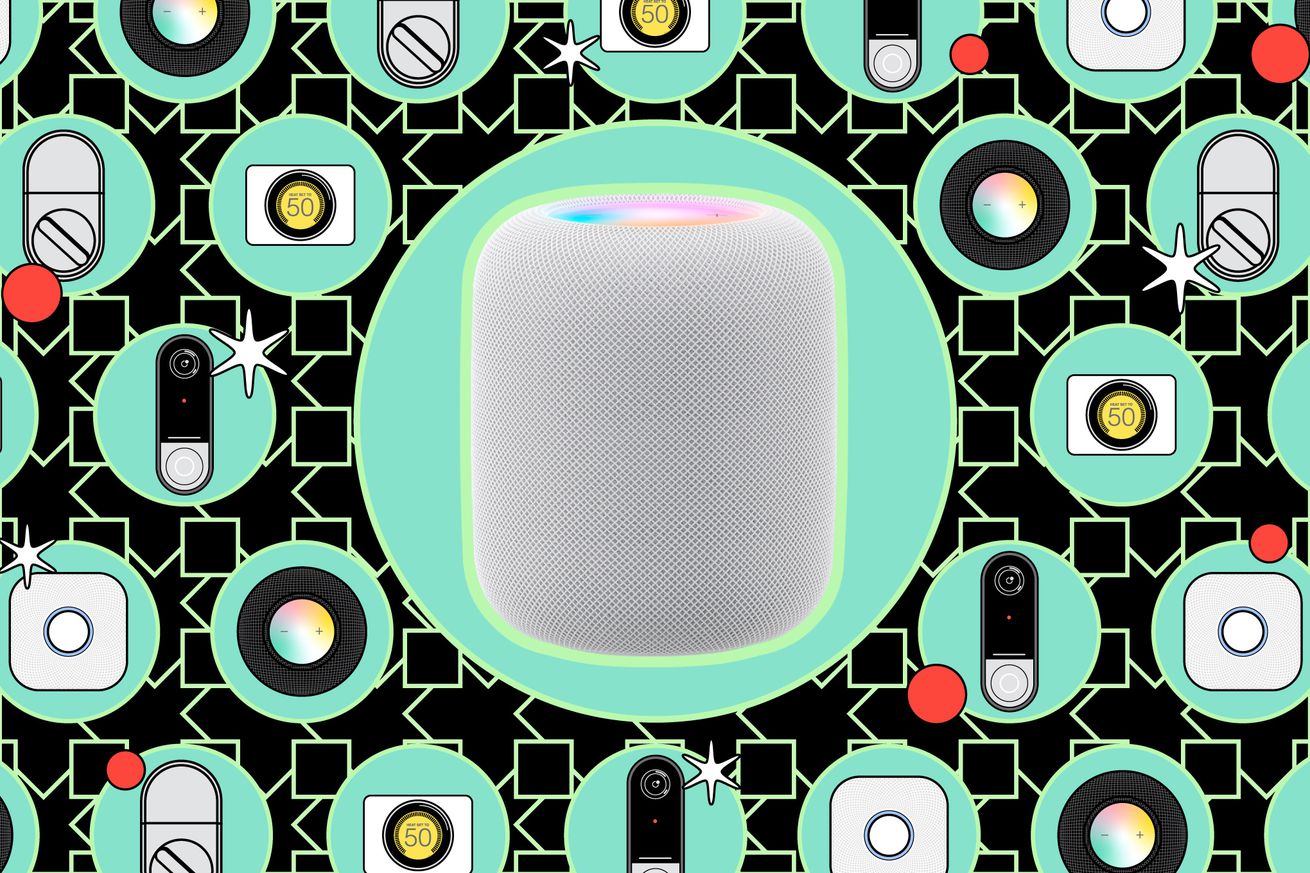 An illustration featuring Apple’s second-generation HomePod speaker and other smart home gadgets.