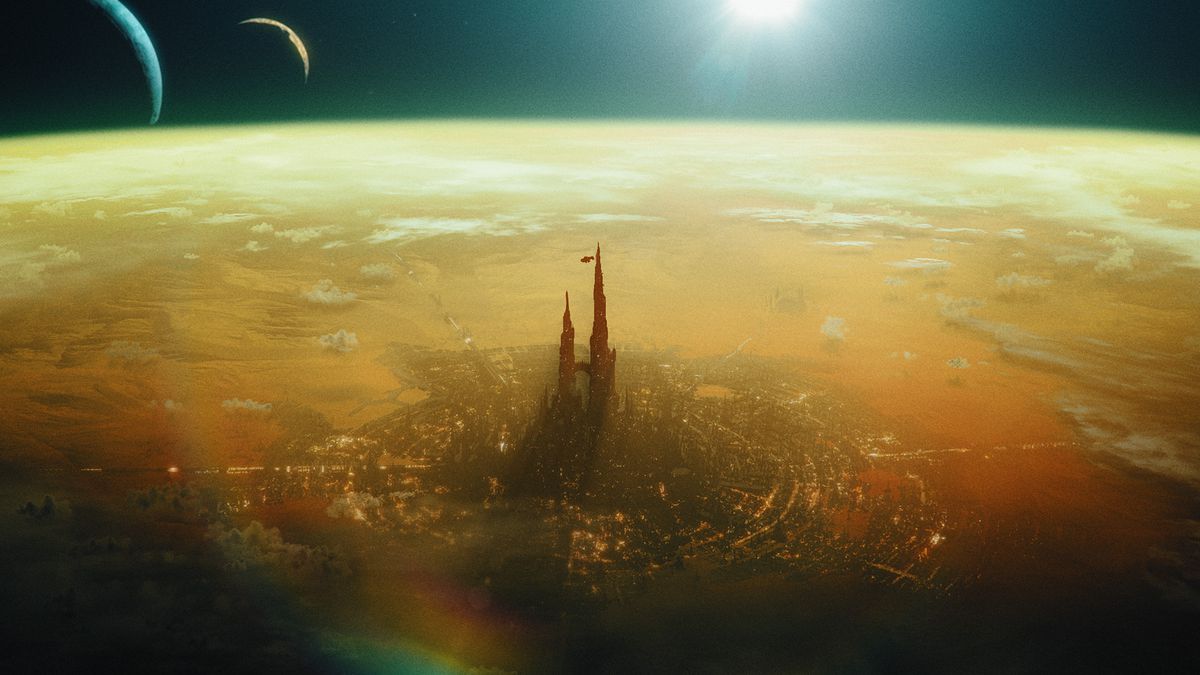 A spire rises into orbit from the surface of a polluted, yellowed world.
