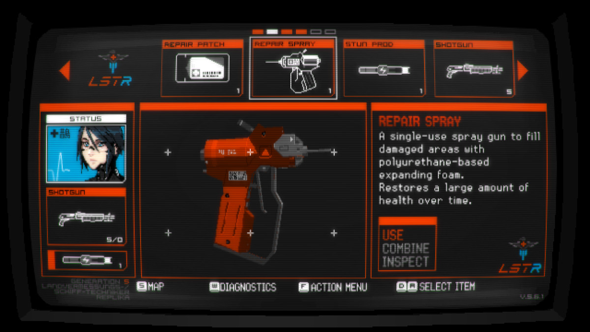 A shot of an inventory menu screen, complete with an anime-style character portrait and several item descriptions.