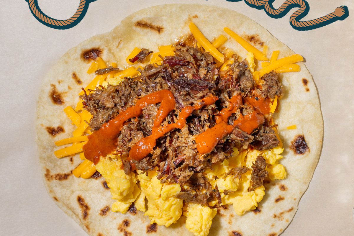 The Franklin taco, a chopped brisket breakfast taco one-off special at HomeState, available November 8 to 12, 2023 in Los Angeles.