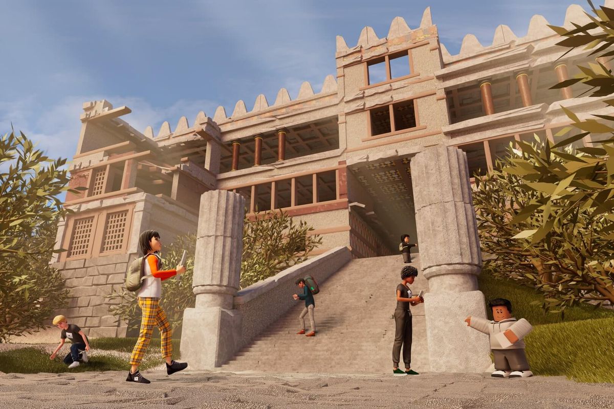 An image of video game characters standing outside of a virtual public office building. Some of the characters look like the chunky Lego-like Roblox characters.