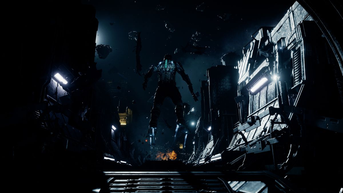 Isaac Clarke floats above the exterior of the USG Ishimura, looking at an asteroid field, in a screenshot from the 2023 remake of Dead Space