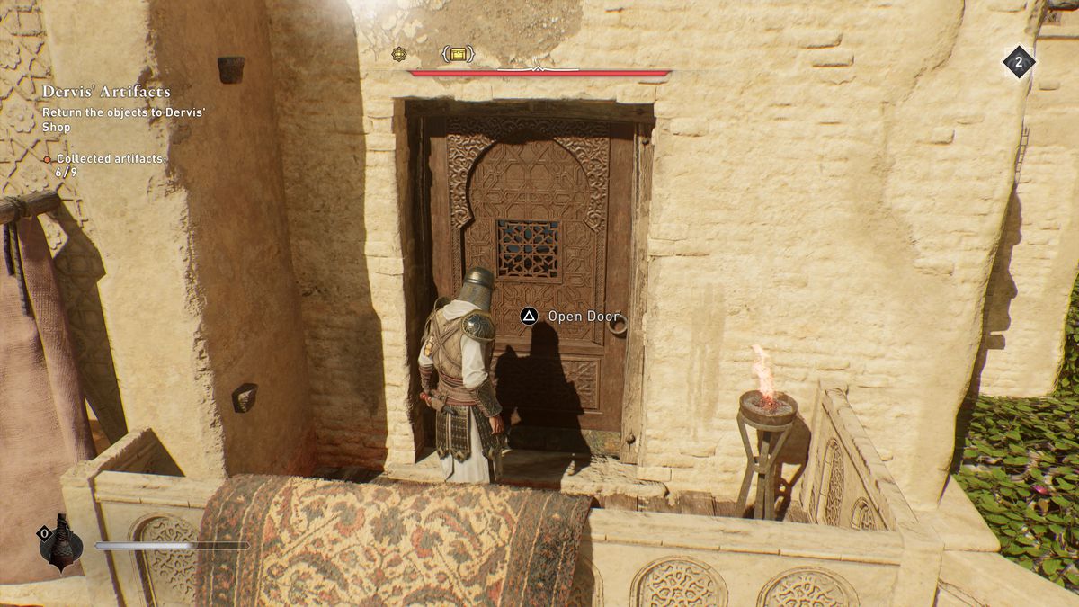 Basim opens a door leading to a gear chest in AC Mirage.
