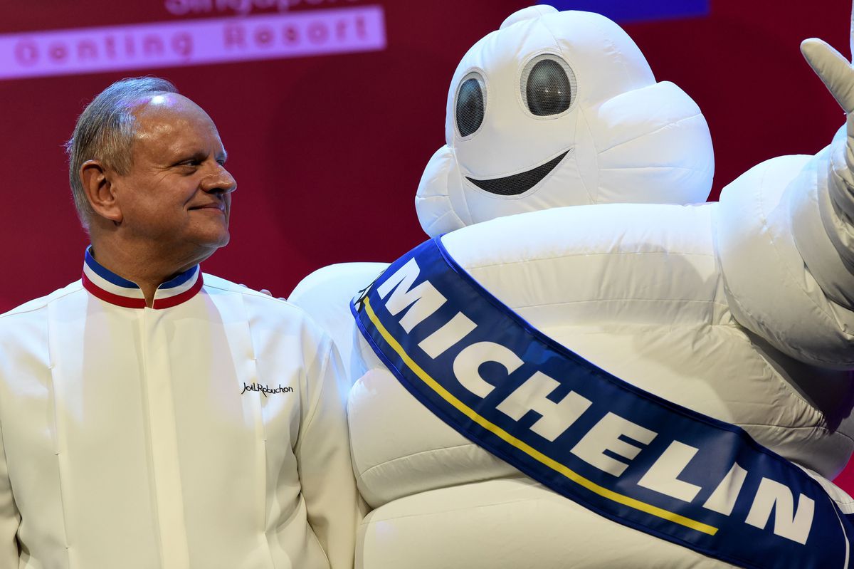 Joel Robuchon and the Michelin mascot