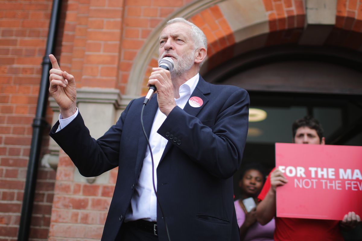 Labour leader Jeremy Corbyn addresses a rally of supporters at Hucknall Market Place.