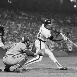 FILE - In this Oct. 5, 1982, file photo, California Angels' Don Baylor swings away during the sixth inning in Game 1 of the American League Championship Series against the Milwaukee Brewers, in Anaheim, Calif. Don Baylor, the 1979 AL MVP with the California Angels who went on to become manager of the year with the Colorado Rockies in 1995, has died. He was 68. Baylor died Monday, Aug. 7, 2017, at a hospital in Austin, Texas, his son, Don Baylor Jr., told the Austin American-Statesman. 