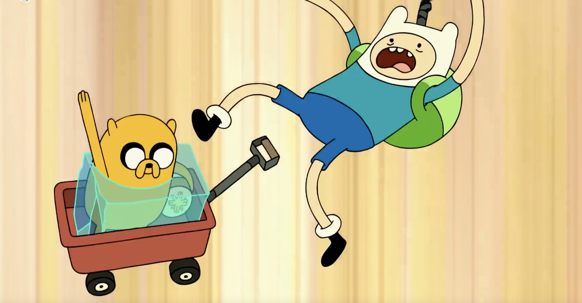 finn and jake falling with a golden background