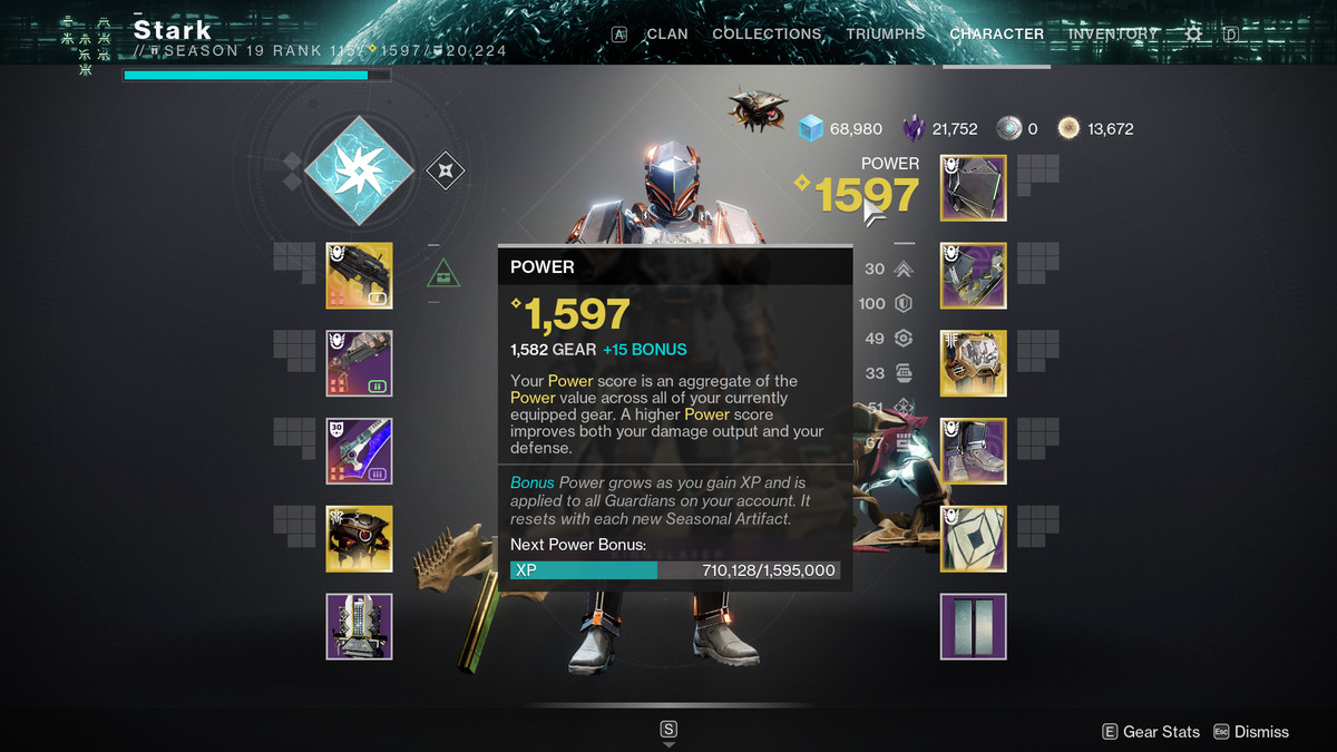 The inventory screen in Destiny 2, showing a Titan with +15 bonus power
