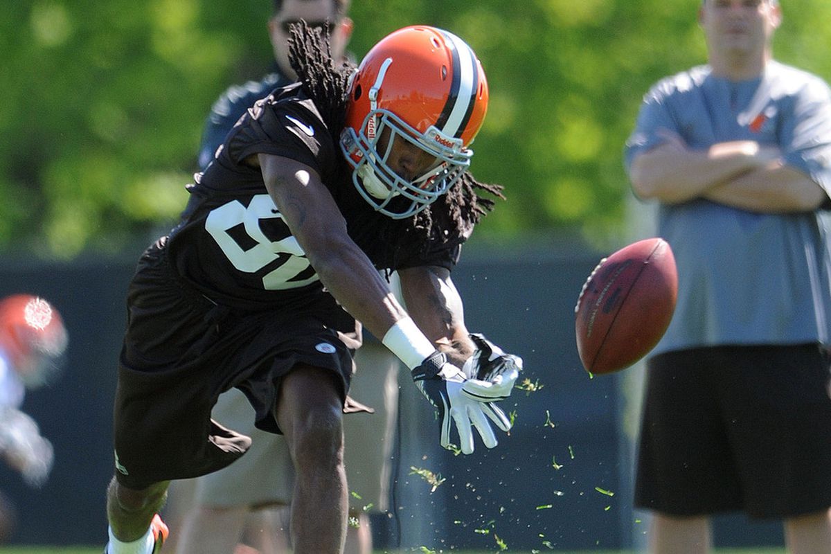 May 11, 2012; Berea, OH, USA: Cleveland Browns did receiver Travis Benjamin (8) works out during rookie camp at the Cleveland Browns training facility.  Mandatory Credit: Eric P. Mull-USPRESSWIRE