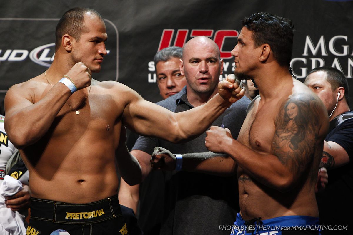 Junior dos Santos (L) and Frank Mir (R) will collide tonight (May 26, 2012) in the UFC 146 main event from the MGM Grand Garden Arena in Las Vegas, Nevada. Photo by Esther Lin via MMAFighting.com.