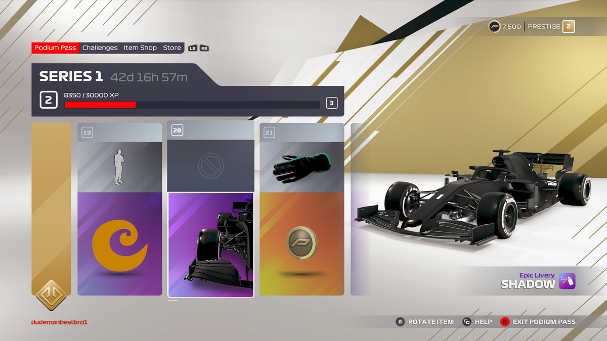 screen showing items that are unlocked at levels 19, 20, and 21 of F1 2021’s podium pass