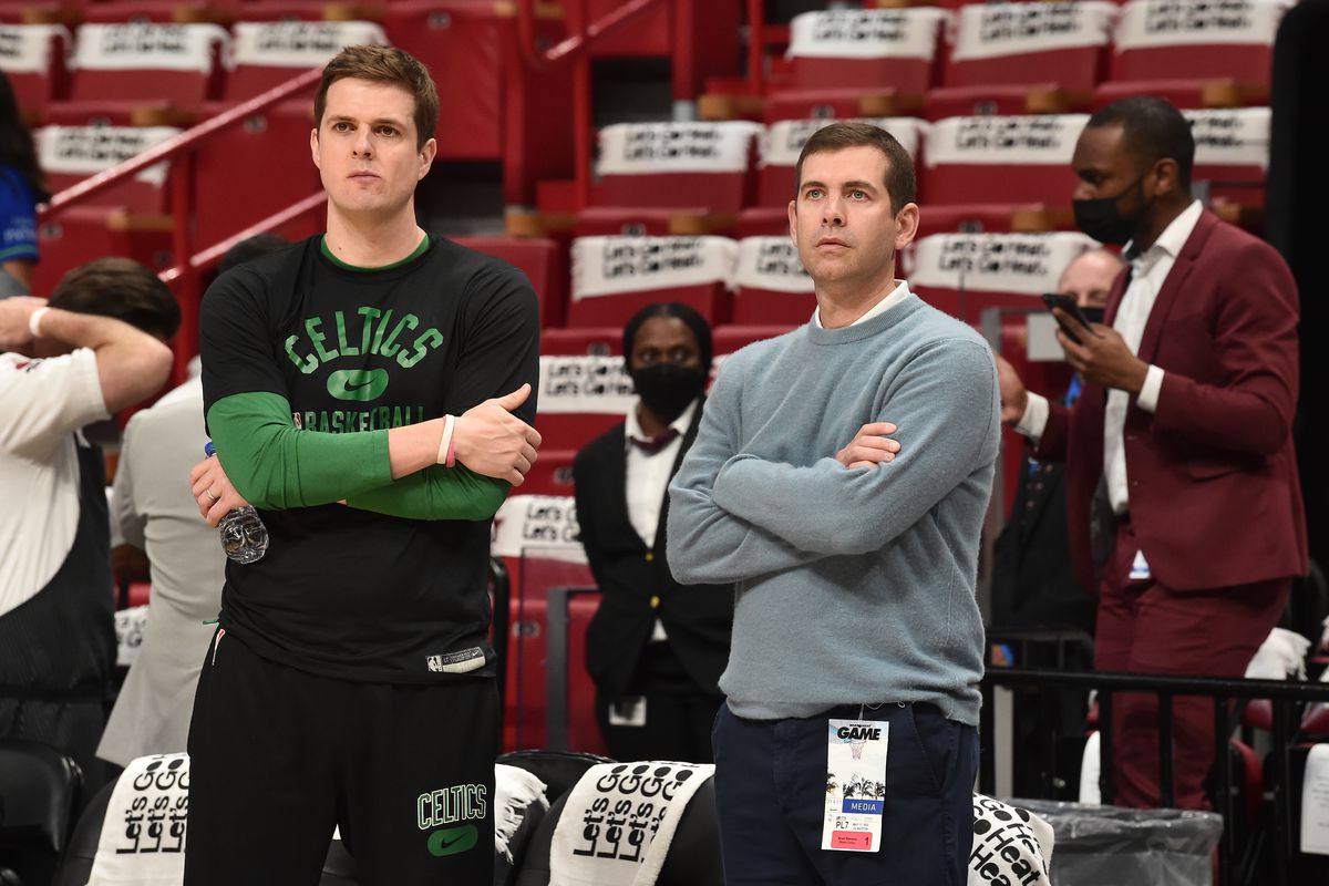 Assistant Coach Will Hardy of the Boston Celtics talks to Brad Stevens of the Boston Celtics before Game 1 of the 2022 NBA Playoffs Eastern Conference Finals on May 17, 2022 at FTX Arena in Miami, Florida.