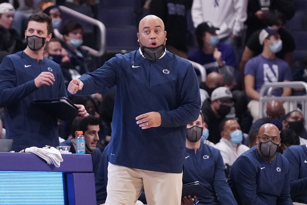 Penn State Nittany Lions head coach Micah Shrewsberry gestures to his team during the second half at Welsh-Ryan Arena.