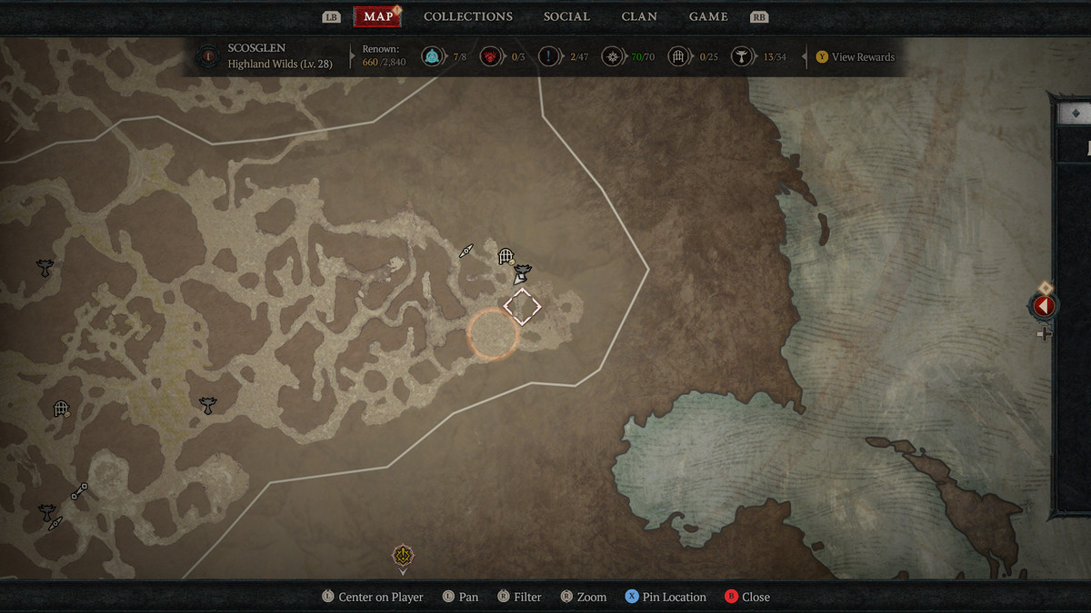 A map of Scosglen in Sanctuary showing the 9th Altar of Lilith in Diablo 4