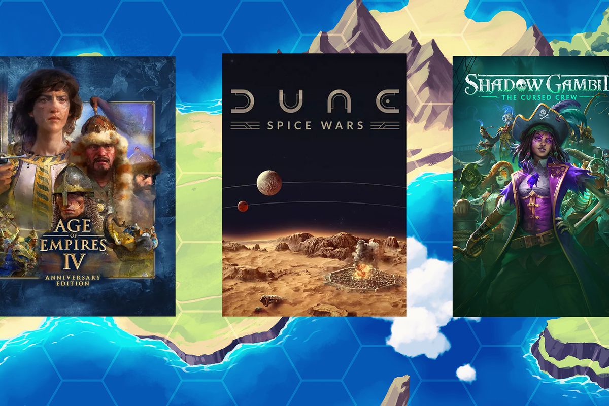 Cover art of Age of Empires 4, Dune: Spice Wars, and Shadow Gambit: The Cursed Crew