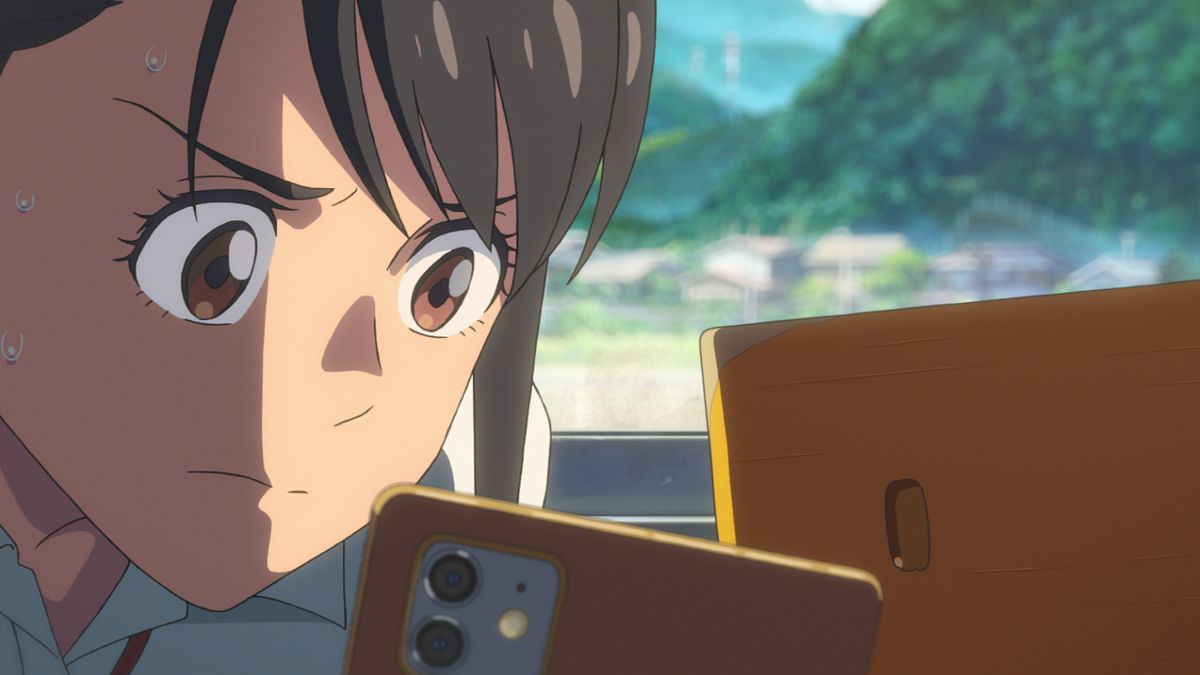 An anime girl and a sentient chair look sternly at a smart phone.