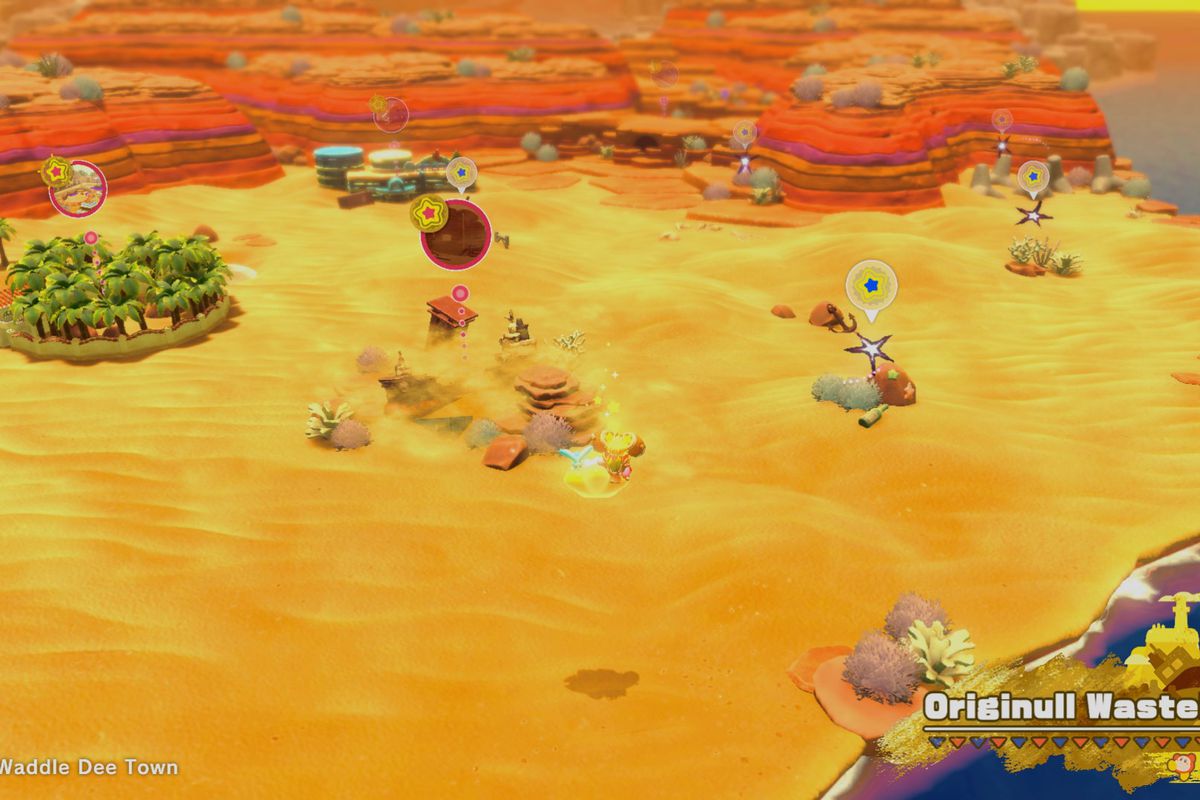 Kirby floats in his warp star over the Originull Wasteland