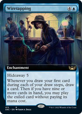 Full art version of the Wiretapping card, showing a woman with a magical device hiding behind a desk. She’s wearing a 1920s inspired cap and a bob.