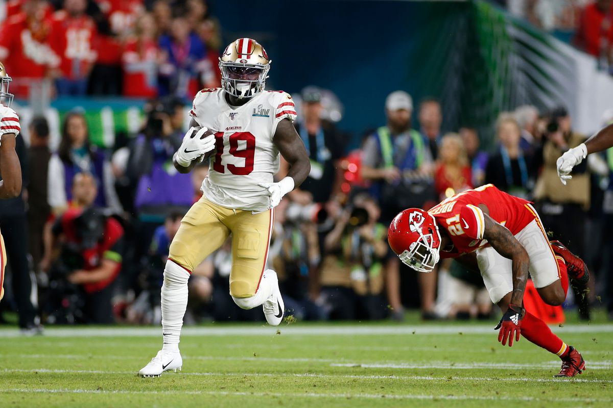 Deebo Samuel of the San Francisco 49ers runs after making a reception against the Kansas City Chiefs in Super Bowl LIV at Hard Rock Stadium on February 2, 2020 in Miami, Florida.