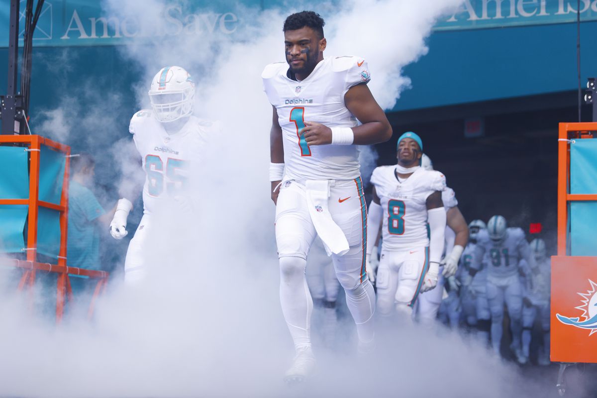 Tua Tagovailoa #1 of the Miami Dolphins takes the field prior to the game against the New York Giants at Hard Rock Stadium on December 05, 2021 in Miami Gardens, Florida.