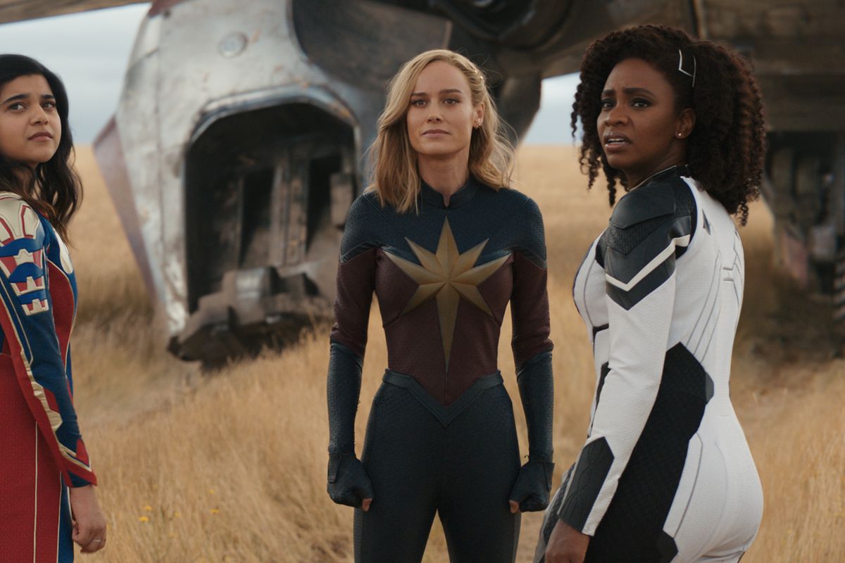 From left to right, Iman Vellani as Ms. Marvel or Kamala Khan, Brie Larson as Captain Marvel or Carol Danvers, and Teyonah Parris as Captain Monica Rambeau, in the movie The Marvels.