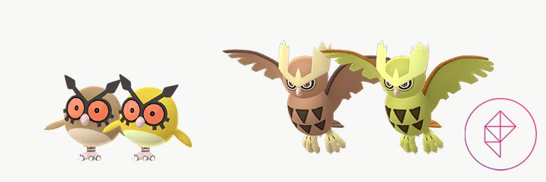 Shiny Hoothoto and Noctowl with its normal forms. Both shiny forms turn gold and yellow.