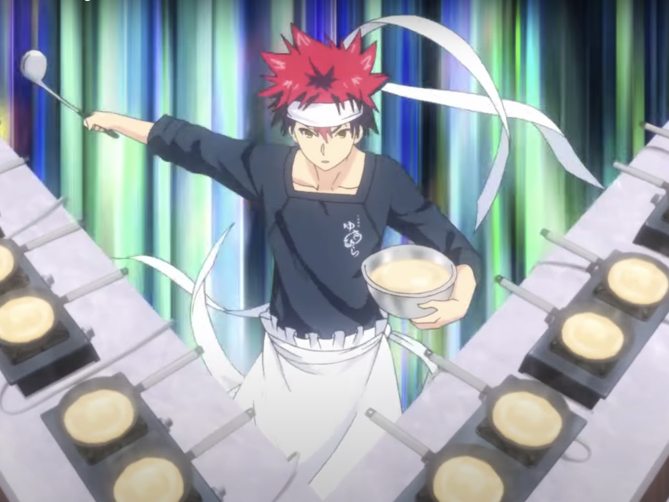 An anime character with red hair making omlettes